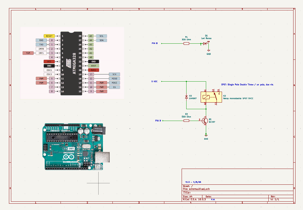 Schema elettrico del LED e del relè pilotato con BC337