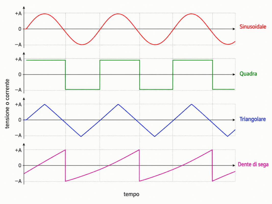 Grafici di tensione alternata sinusoidale e confronto tra forme d’onda sinusoidale, quadra, triangolare e a dente di sega.