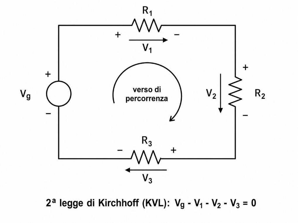 Maglia con generatore e tre resistenze con versi e polarità di riferimento.