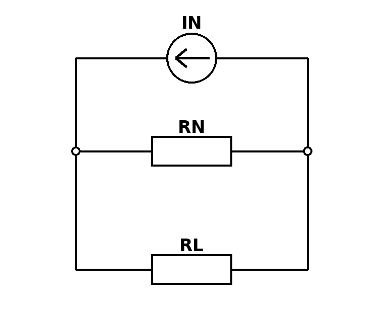 Modello di Norton con sorgente ideale di corrente IN, resistenza RN e carico RL in parallelo.