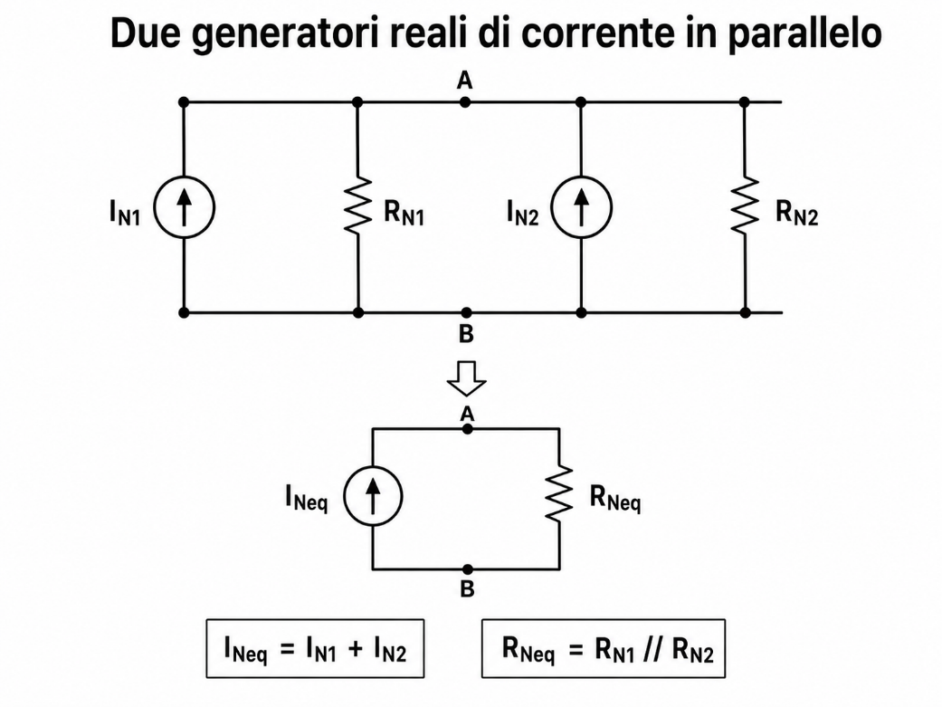 Due generatori reali di corrente in parallelo e relativo generatore equivalente.