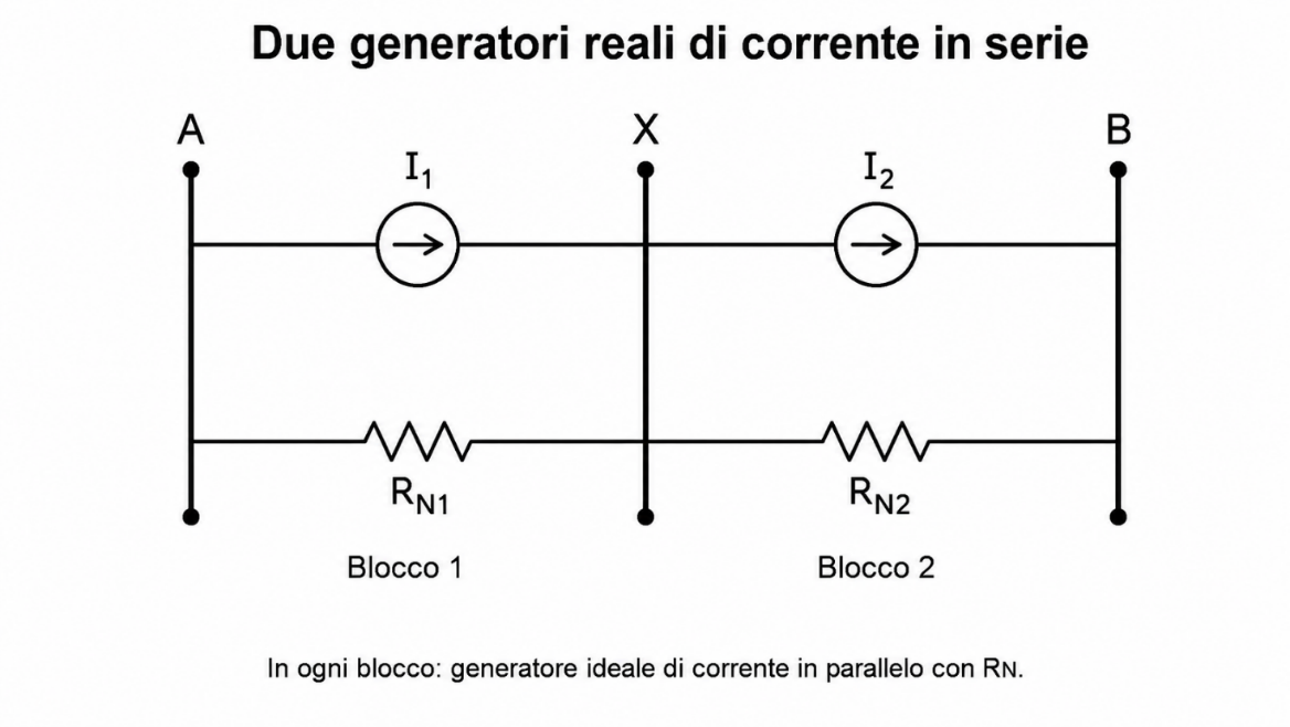 Due generatori reali di corrente collegati in serie.