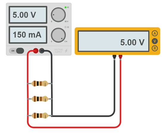 Tre resistori da 100 ohm in parallelo alimentati a 5 V