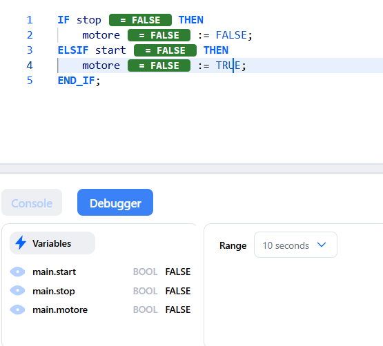 Debugger con start stop e motore inizialmente FALSE