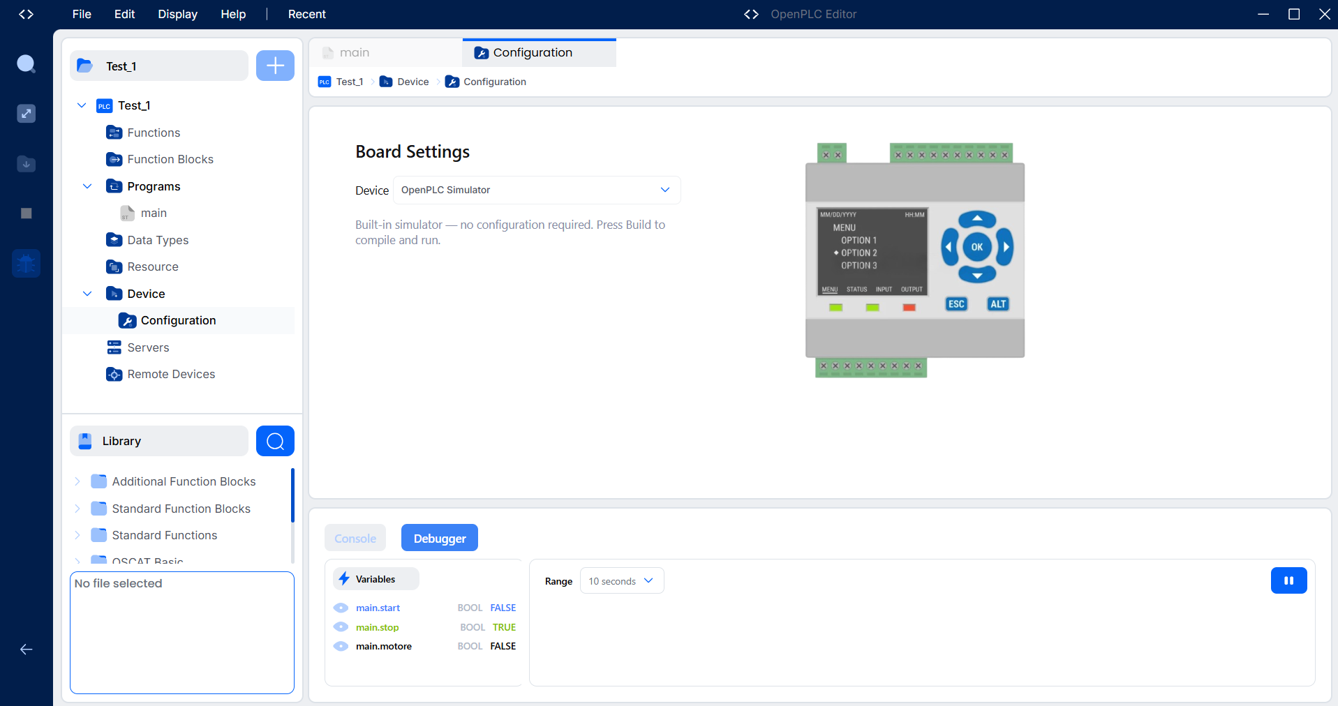 Device Configuration con OpenPLC Simulator selezionato