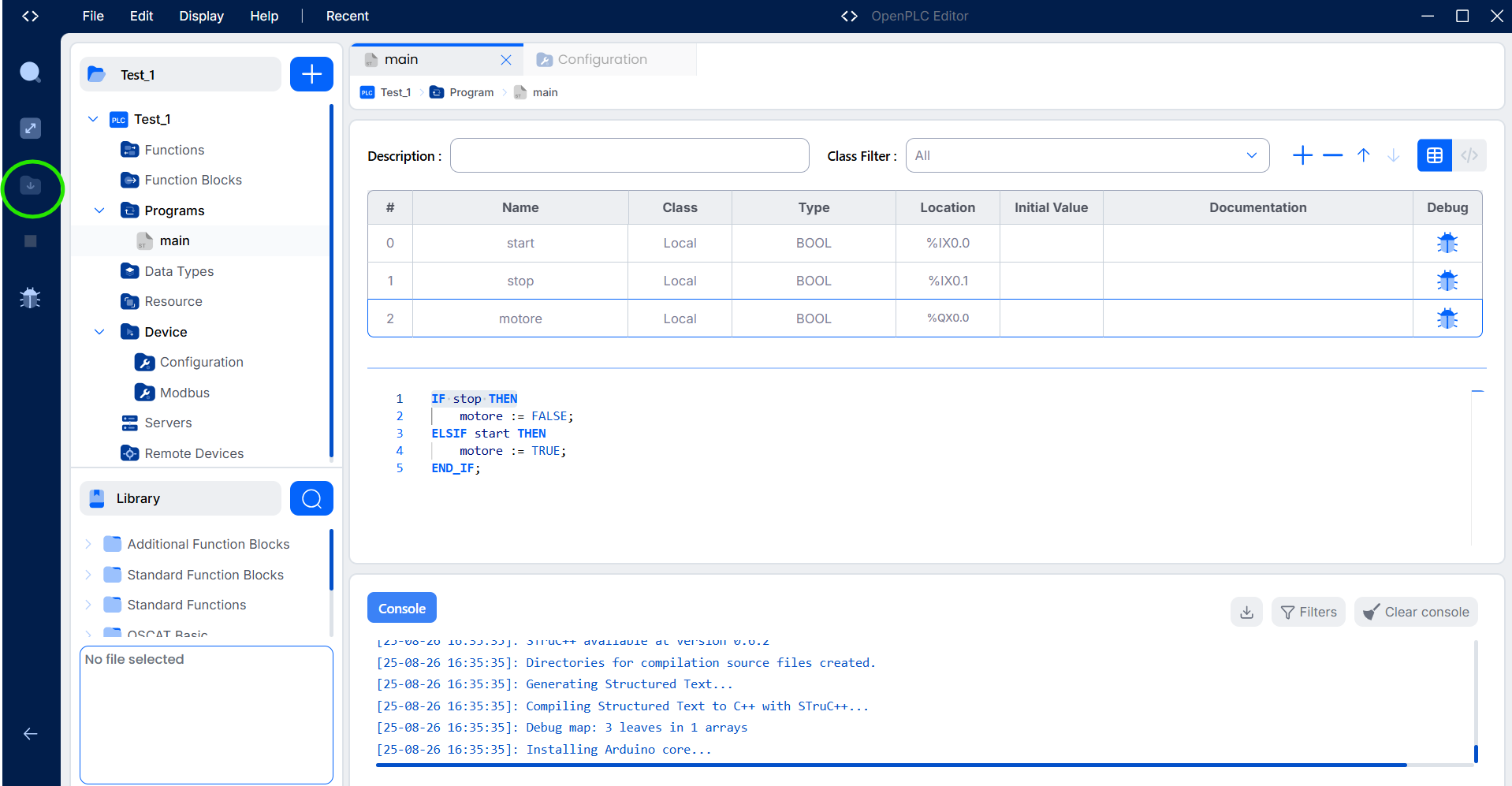 Build e caricamento del programma con Console attiva