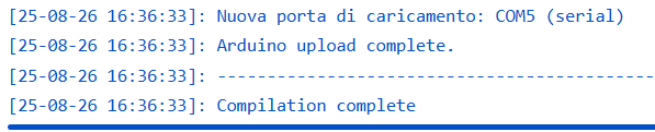 Console con Arduino upload complete e Compilation complete