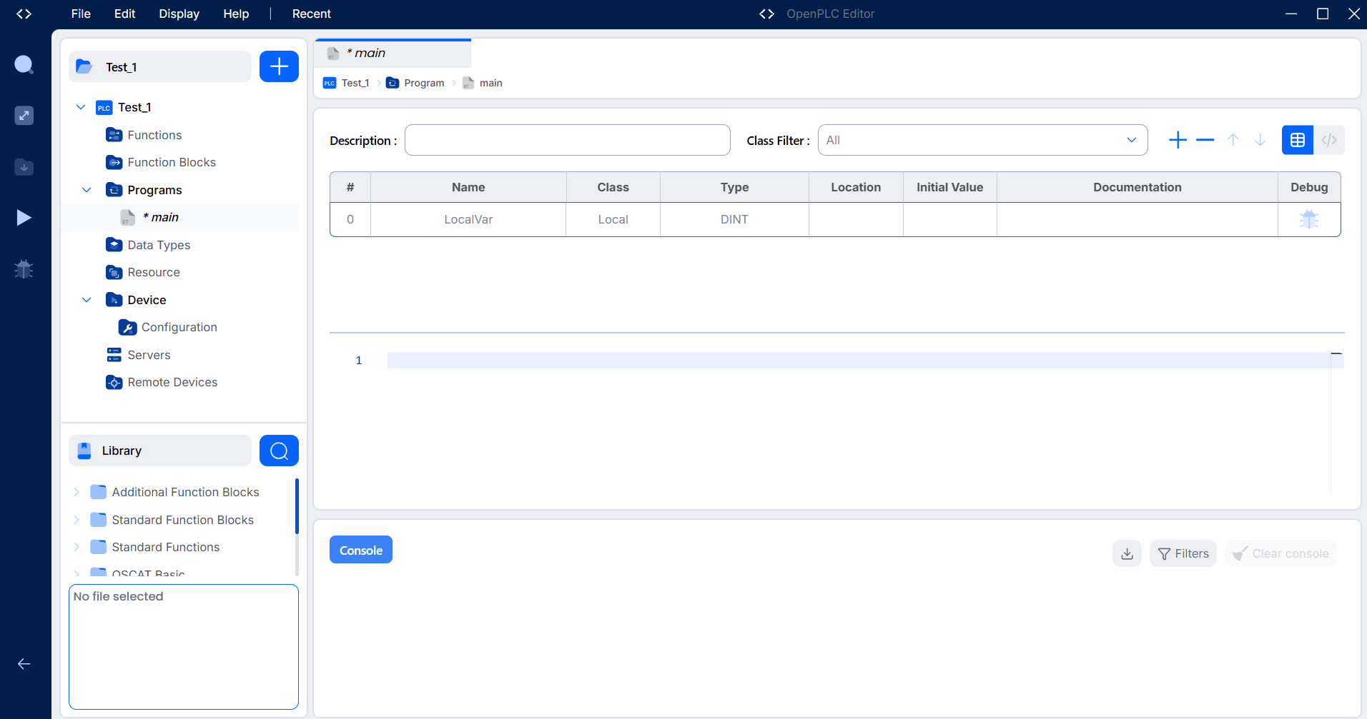 Programma main appena creato in OpenPLC Editor