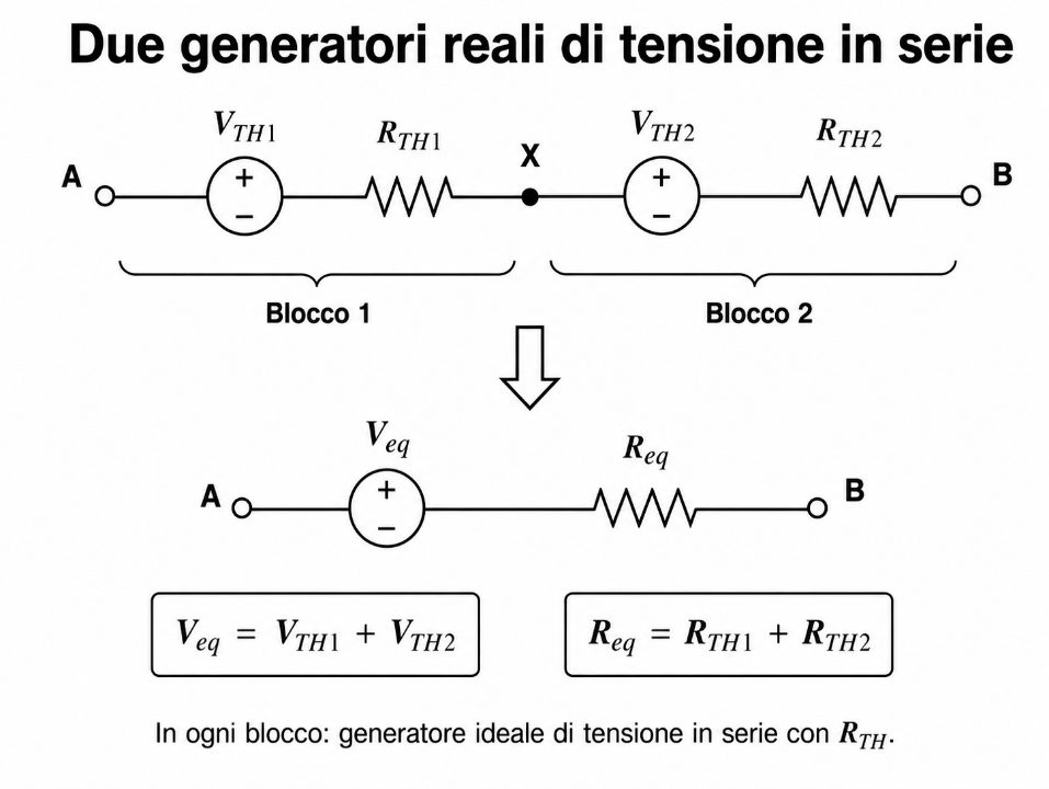 Due generatori reali di tensione in serie e relativo generatore equivalente.