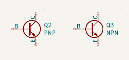 Simboli circuitali dei transistor BJT PNP e NPN con base, collettore ed emettitore.