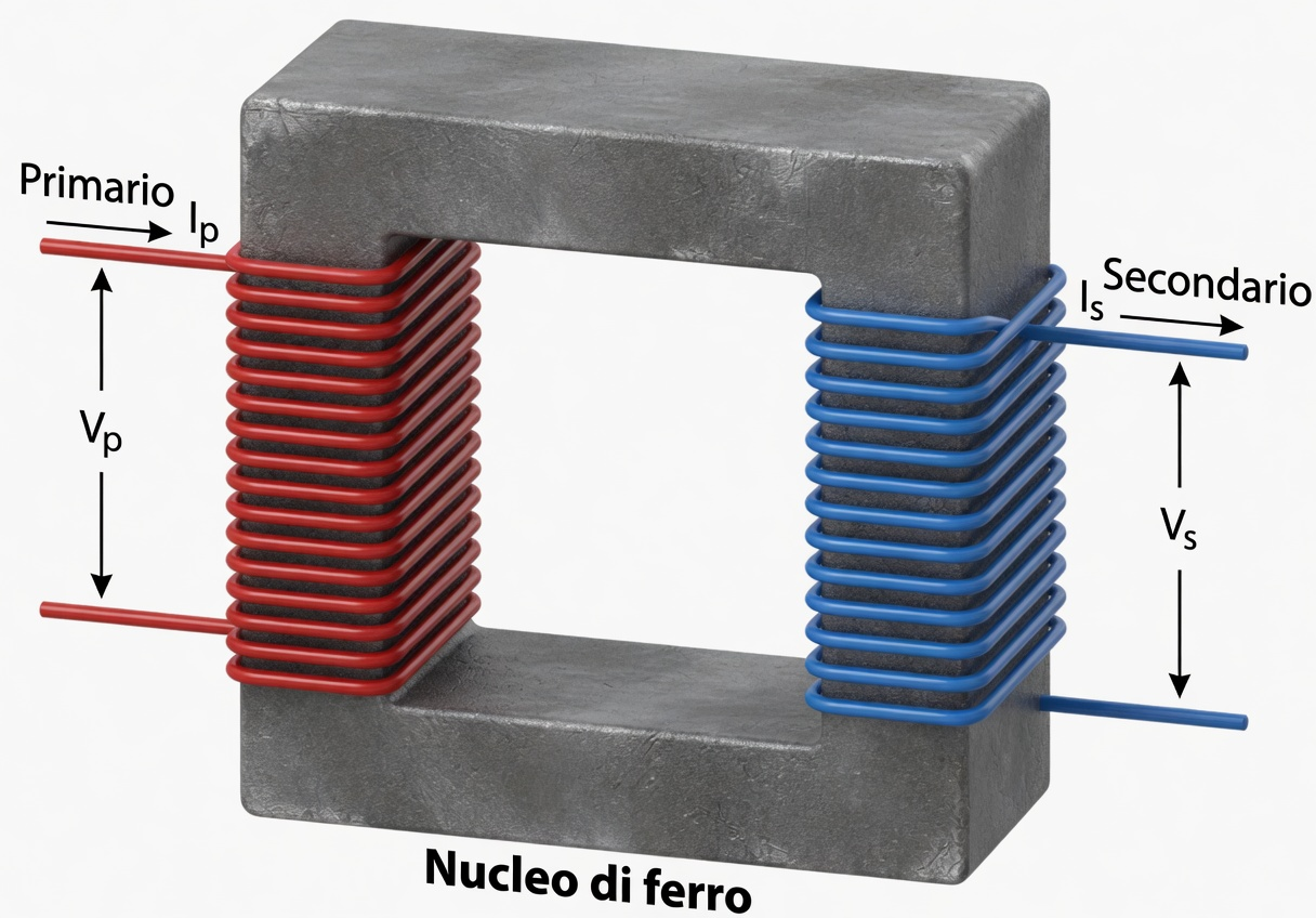 Schema di un trasformatore con avvolgimento primario, avvolgimento secondario e nucleo di ferro.