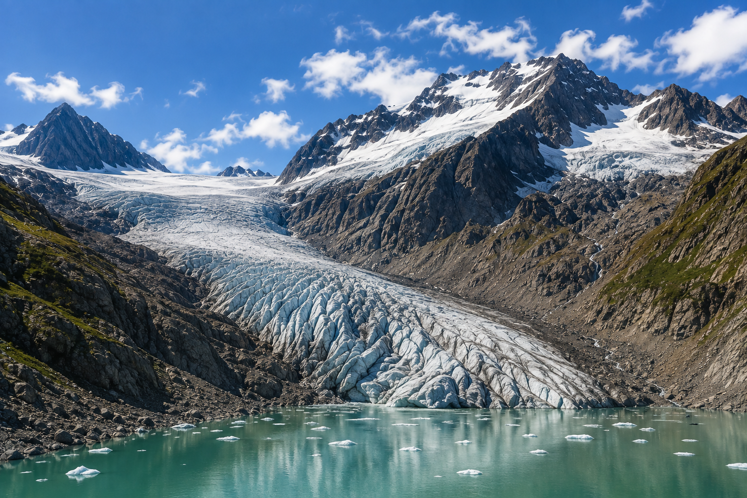 Ghiacciaio alpino con neve, ghiaccio esposto e ambiente di alta montagna